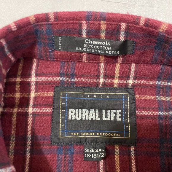 Rural Life Shirt Mens 2XL Chamois Flannel VIntage maroon plaid Tartan button up - Picture 3 of 6